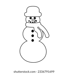 Outline Style Vector Snowman Illustration. Retro Vintage New Year and Christmas cute snowman with scarf and Christmas hat. Isolated on white background. Snowman Line Icon Template.