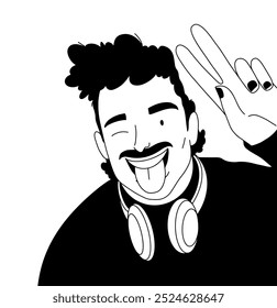 outline stylish guy in headphones taking a selfie with a peace sign and sticking out his tongue. Vector illustration