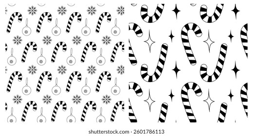 Outline Stylized Candy Cane Christmas tree balls Snowflakes Stars New Year Seamless Patterns Set 2