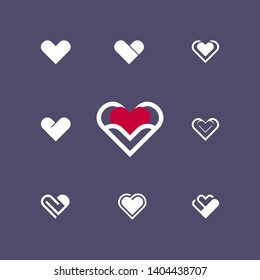 Outline stylized heart on dark background. Set of nine vector models. Vector illustration on the theme of love and romance relationship. Flat design