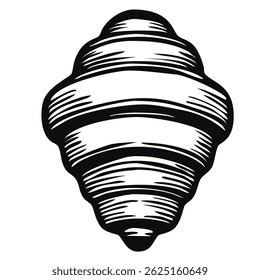 Eine konturstilisierte Vektorgrafik eines braunen Croissants mit Spiralform, die detaillierte Linien und Schattierungen aufweist, die seine Textur und Form hervorheben.