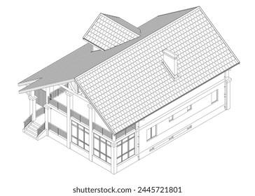 Outline suburban house model. Drawing of the modern building. Cottage project on white background. Vector blueprint. 3D. Isometric view.