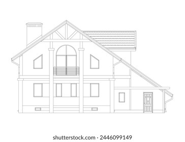 Umriss des Vorstadthaus-Modells. Zeichnung des modernen Gebäudes. Cottage Projekt auf weißem Hintergrund. Vektorgrafik-Blaupause.