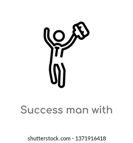 outline success man with suitcase vector icon. isolated black simple line element illustration from business concept. editable vector stroke success man with suitcase icon on white background