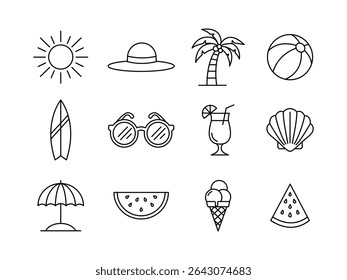 Outline Summer Beach Icon Set , Minimal Line Style Vector, Summer Vacation Icons Sun, Beach, and Fun Line Art Graphics