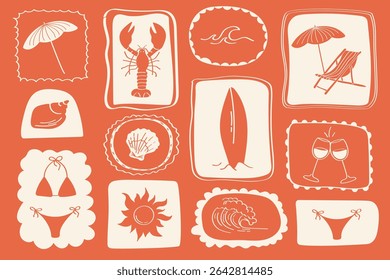 Contorno de verão doodle padrão com copos de vinho, conchas, biquínis, sol e itens de praia em fundo bege