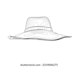 Outline summer hat. Vector illustration. Beach sun protection hat. Female beach hat, isolated vector illustration.