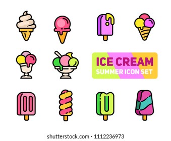 Outline summer icons set of colored Ice cream. Vector collection, modern stroke colorful pictogram of Ice cream - concept bold rounded outline full-color symbols.