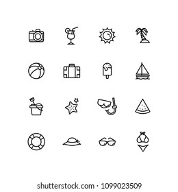 Outline Summer icons Set for Fun holidays beach travel sign symbols