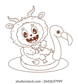 Outline Summer Monster floats on Inflatable flamingo. Beach Cute Cartoon Funny kawaii character vacation. Line drawing, coloring book. Vector illustration. Kids collection