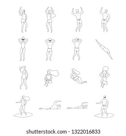 Outline summer people vector illustration. Dancing, surfing, swimming, sunbathing and relaxing man and woman.