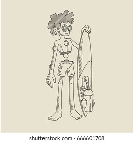 Outline summer robot boy surfer. Vector cartoon illustration.Cartoon character cute cyborg isolated.