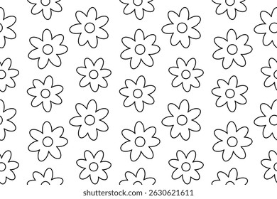 Outline summer seamless coloring page with daisy flowers. Floral vector pattern. For entertaining kids, DIY craft, summertime black and white design of wrapping paper, item and clothing, or wallpaper.
