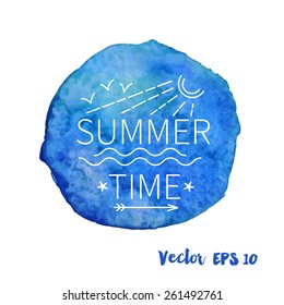 outline summer stamp emblem on watercolor background