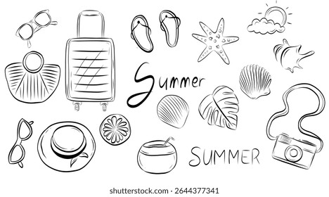 Contorno Verão férias doodle conjunto de ilustração. Elementos de viagem de praia e mar. Palmeira desenhada à mão, fruto, lagosta, frutos do mar, concha, biquíni, coquetel.