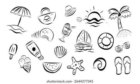 Outline Summer vacation doodle illustration set. Beach and sea travel elements. Hand drawn palm tree, fruit, lobster, seafood, shell, bikini, cocktail.