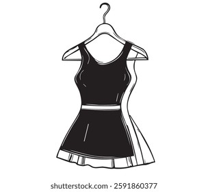 Outline summer women's dresses hanging on hangers isolated on a white background. Women's clothing store