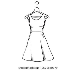 Outline summer women's dresses hanging on hangers isolated on a white background. Women's clothing store