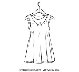 Outline summer women's dresses hanging on hangers isolated on a white background. Women's clothing store