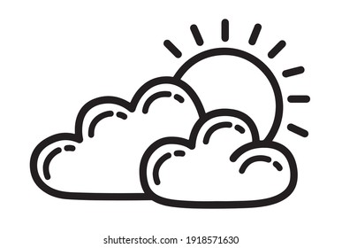 Outline sun in clouds icon on white background. Vector illustration.