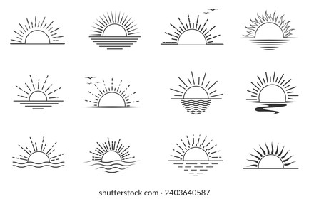 Outline sun icon set. Sunburst line vector set. Sunset line icon. Sunrise  icon set.  sunshine vector collection, summer, sunlight,  vector illustration.