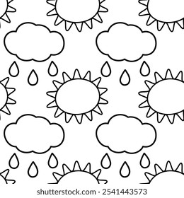 Outline sun with rays and cloud with drops Seamless pattern in trendy minimalism. Weather background