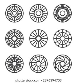 Outline sun symbol circle shape isolated white background vector icon set