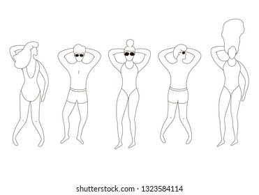 Outline sunbathing people vector illustration. Man and woman chilling at the sea or near the pool.