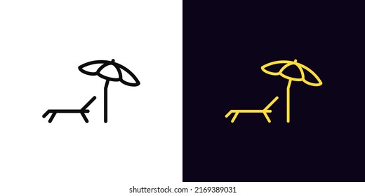 Outline sunbed icon, with editable stroke. Sunbed silhouette with parasol, beach lounger pictogram. Summer vacation, sunbathe on deckchair and relax, beach recreation. Vector icon for Animation