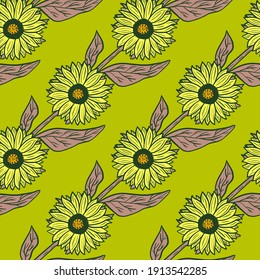Outline sunflower silhouettes seamless pattern in hand drawn style. Green bright background. Graphic design for wrapping paper and fabric textures. Vector Illustration.