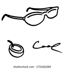 Esbozar gafas de sol y mascar mate sobre fondo blanco aislado. Juego de emoticones de viaje para baldosas de baño, tarjeta de invitación o regalo, agencia de viajes. Estuche de teléfono o impresión de tela. Ilustración vectorial de estilo Doodle