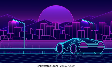 Outline supercar rear view is driving towards the night metropolis.