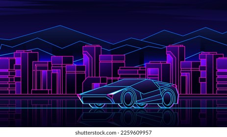 Outline supercar stands on city background. Horizontal illustration retro wave style nightlife.