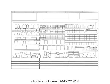 Outline Supermarkt-Ladeninnenraum mit Waren. Contour Lebensmittelsupermarkt und Geschäft mit Regalen und Produkten. Vektorillustration.