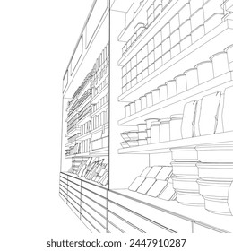 Interior de la tienda del supermercado con las mercancías. Contour Supermercado y tienda de comestibles con estantes y productos. Ilustración vectorial.