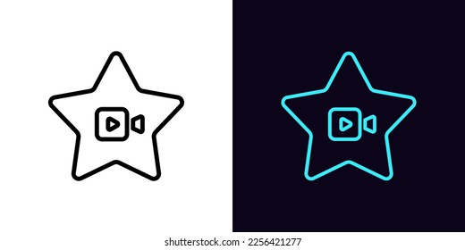 Outline superstar video icon, with editable stroke. Star frame with camera play sign, top cinema celebrity. Cinema award, best video content, top rank movie star, superstar live show. Vector icon