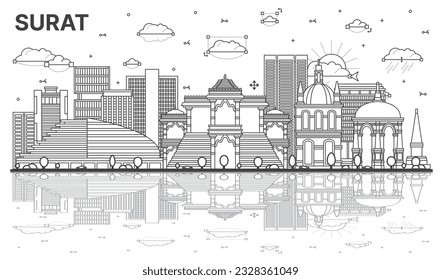 Outline Surat India City Skyline with Modern, Historic Buildings and Reflections Isolated on White. Vector Illustration. Surat Cityscape with Landmarks.