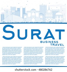 Outline Surat Skyline with Blue Buildings and Copy Space. Vector Illustration. Business Travel and Tourism Concept with Historic Buildings. Image for Presentation Banner Placard and Web Site.