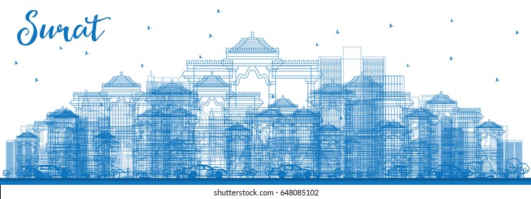 Outline Surat Skyline with Blue Buildings. Vector Illustration. Business Travel and Tourism Concept with Historic Buildings. Image for Presentation Banner Placard and Web Site.