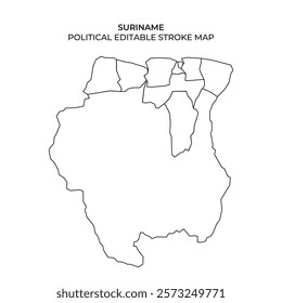 Outline of Surinames political boundaries is presented, suitable for customization and detailing. The map displays the nations unique shape and regional divisions.