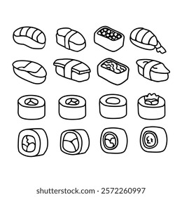 outline sushi element set, black and white sushi design
