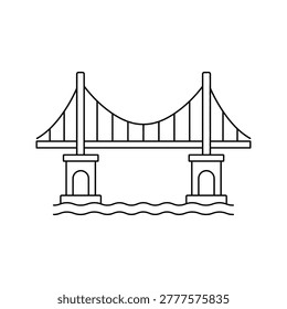Outline of a suspension bridge spanning over wavy water with supporting pillars.