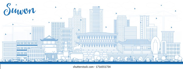 Skyline Suwon South Korea City mit Blue Buildings. Vektorillustration Illustration. Business Travel and Tourism Konzept mit historischer und moderner Architektur. Stadtlandschaft mit Wahrzeichen überstanden.