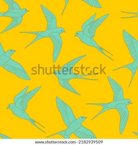 Outline swallow on yellow background. Vector seamless pattern. Simple illustration of flying birds.