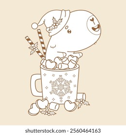 Outline Sweet Christmas Capybara Santa in Mug Hot Cocoa with Marshmallows. Funny winter cartoon kawaii character. Line drawing, coloring book. Vector illustration. Kids collection