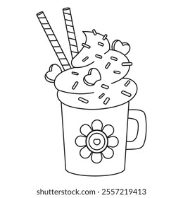 Outline Sweet Cream Dessert Mug. Christmas cup Hot Cocoa with Marshmallows heart, striped candy. Line drawing, coloring book. Vector illustration. Kids collection