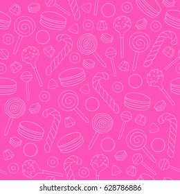 Outline sweets icons background - spiral candy, macaroon, candy cane, jelly vector illustration. Hand drawn doodle sketch. Pink color.
