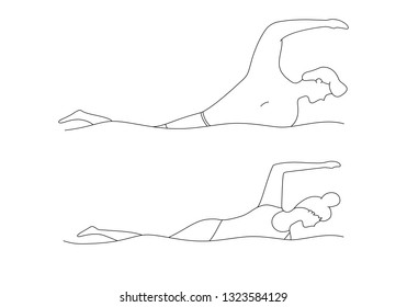 Outline swimming people vector illustration. Man and woman swim at the sea or in the pool.