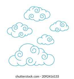 Outline Swirl Chinese Clouds. Illustration for Decorating Sky, Weather Forecast, Fabric Print. Sketch Template in Cartoon Outline Style