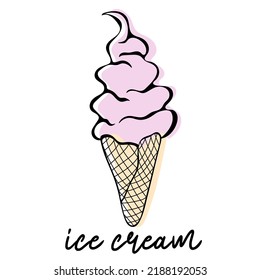 Outline swirled soft serve vanilla ice cream in wafers cone isolated on white background. Sweet dessert. Contour drawn vector illustration